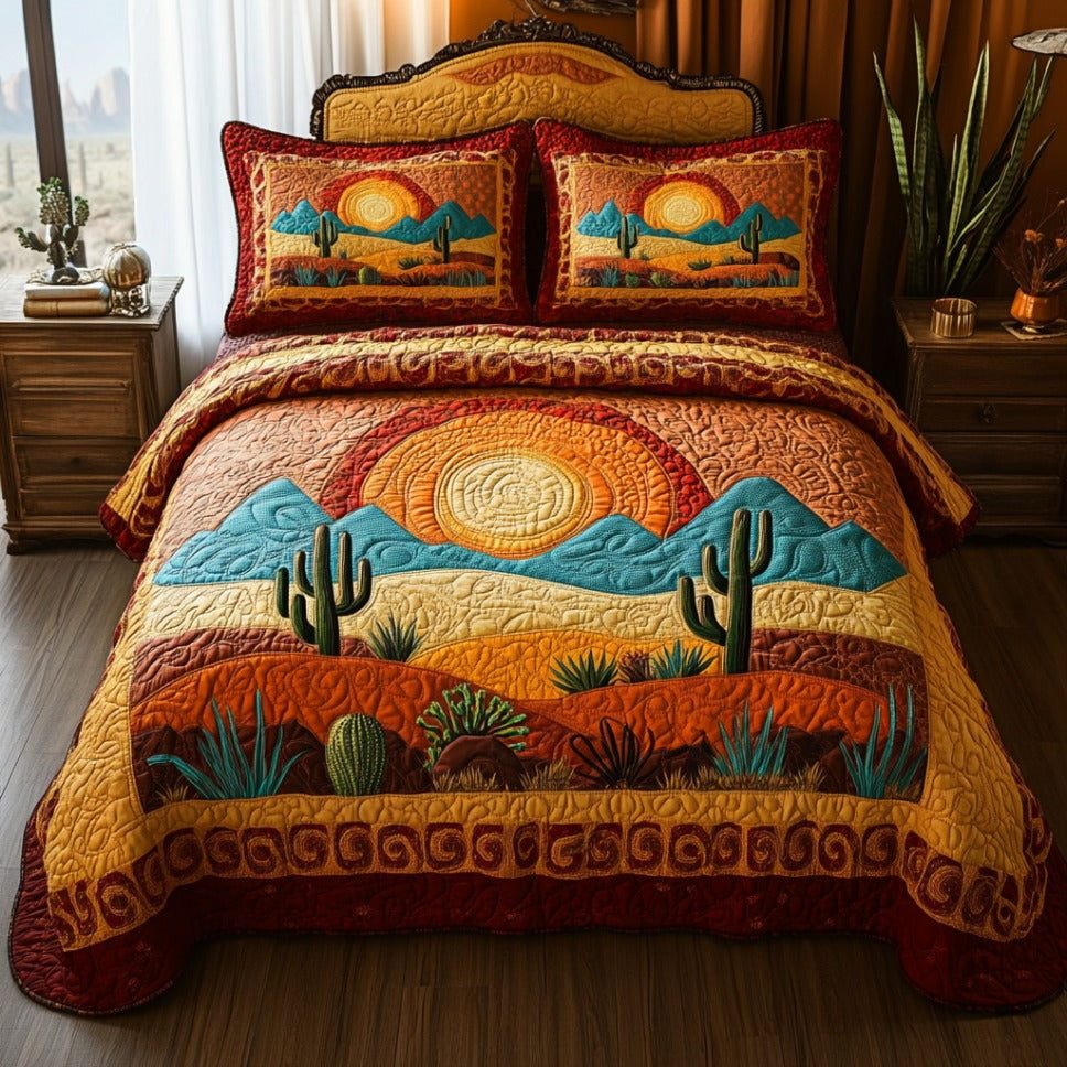 Sunset Cactus quilted 3-piece bedding set on a made bed with two matching pillow shams