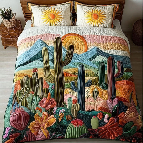 Sunset Cactus quilted 3-piece bedding set on a made bed with two matching pillow shams