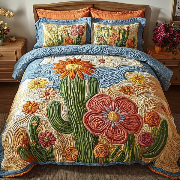 Sunset Cactus quilted 3-piece bedding set on a made bed with two matching pillow shams