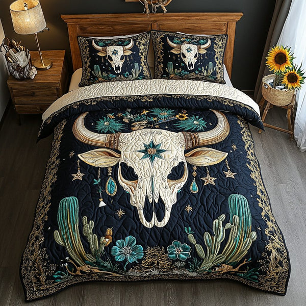 Sunset Cactus quilted 3-piece bedding set on a made bed with two matching pillow shams