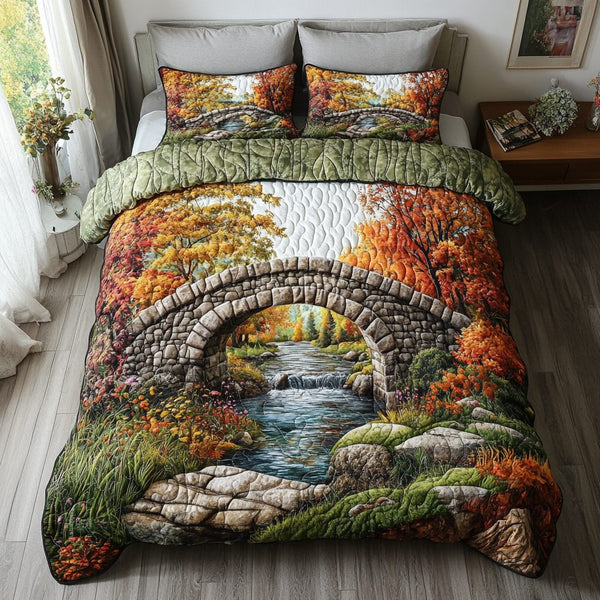 Sunset Calm quilted 3-piece bedding set on a made bed with two matching pillow shams