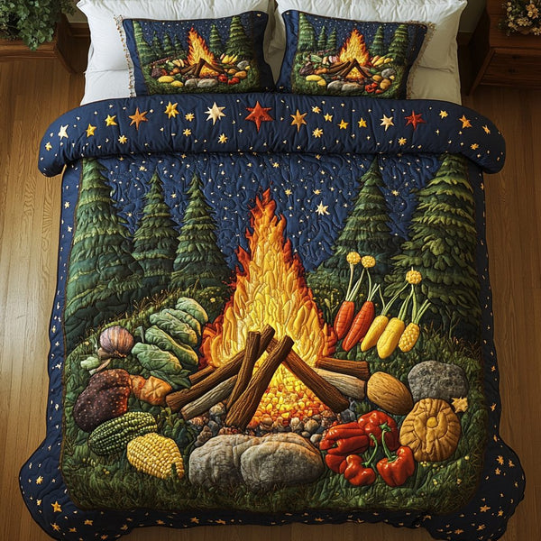 Sunset Camp quilted 3-piece bedding set on a made bed with two matching pillow shams