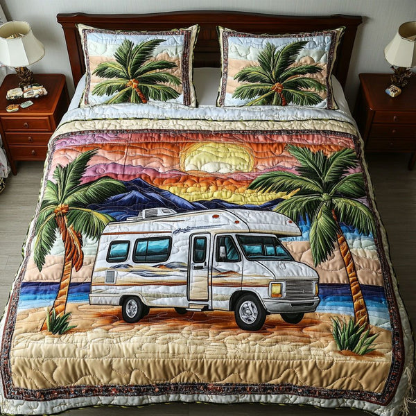 Sunset Camp quilted 3-piece bedding set on a made bed with two matching pillow shams