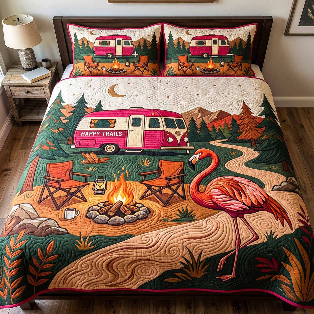 Sunset Camp quilted 3-piece bedding set on a made bed with two matching pillow shams