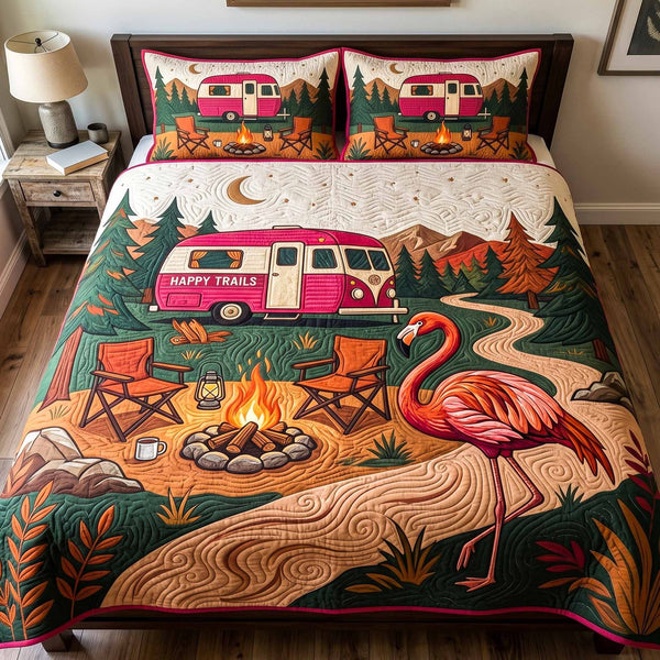 Sunset Camp quilted 3-piece bedding set on a made bed with two matching pillow shams