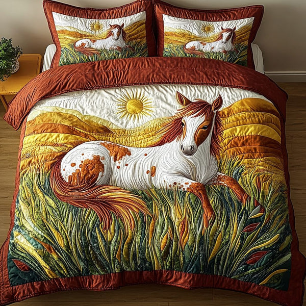 Sunset Canter quilted 3-piece bedding set on a made bed with two matching pillow shams