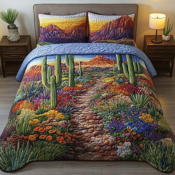 Sunset Canyon Path quilted 3-piece bedding set on a made bed with two matching pillow shams