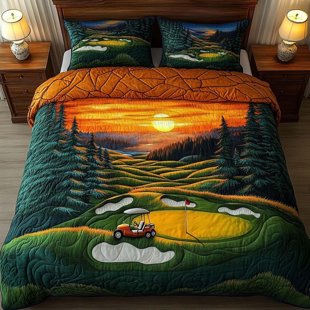Sunset Cove Golf Course quilted 3-piece bedding set on a made bed with two matching pillow shams