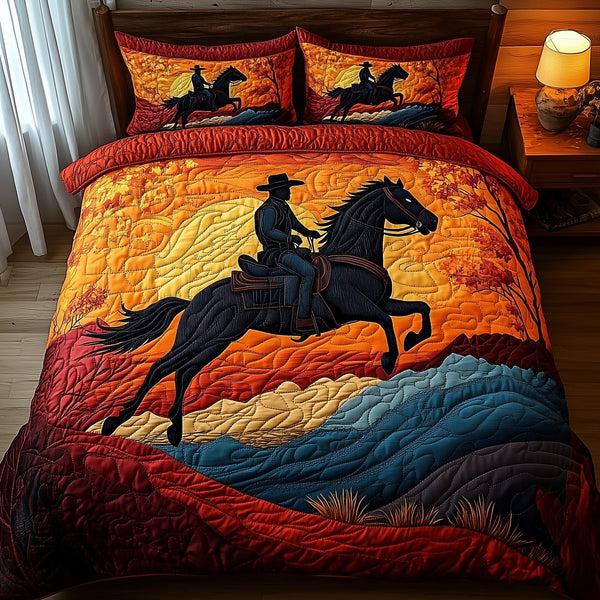 Sunset Cowboy quilted 3-piece bedding set on a made bed in a rustic timber bedroom