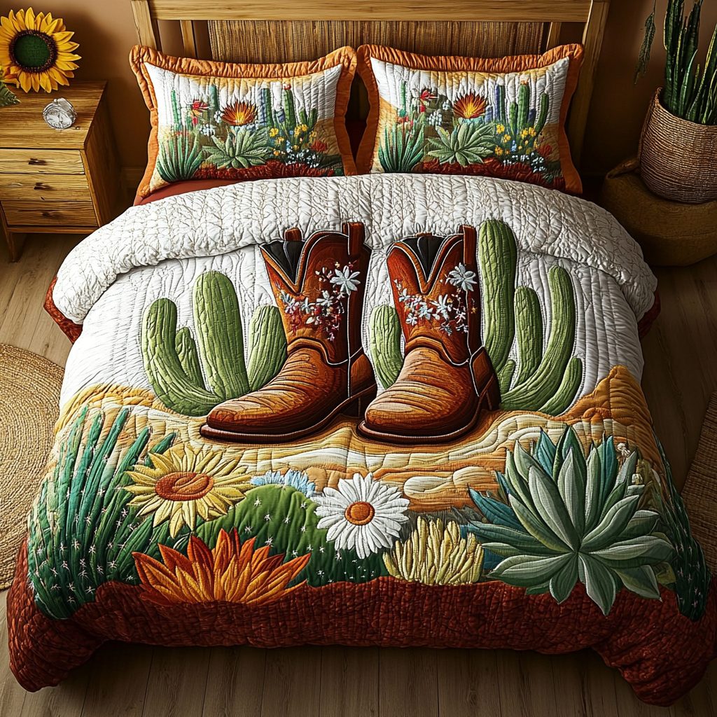 Sunset Cowboy quilted 3-piece bedding set on a made bed in a rustic timber bedroom