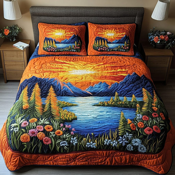 Sunset Crest quilted 3-piece bedding set on a made bed with two matching pillow shams