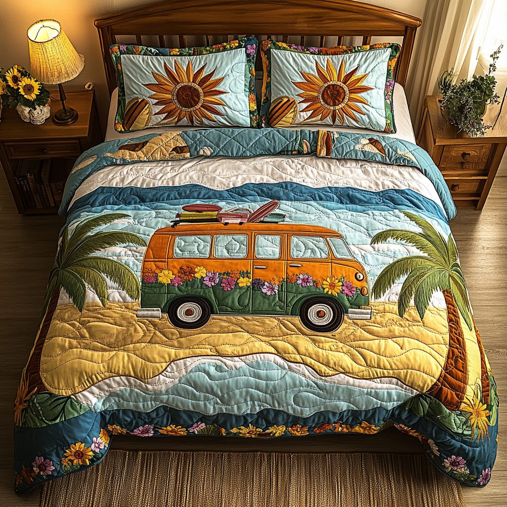 Sunset Cruise quilted 3-piece bedding set on a made bed with two matching pillow shams