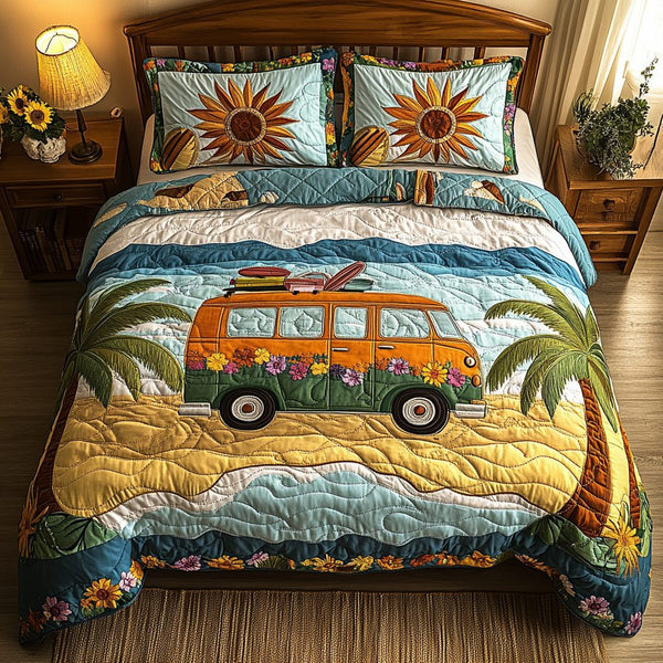 Sunset Cruise quilted 3-piece bedding set on a made bed with two matching pillow shams