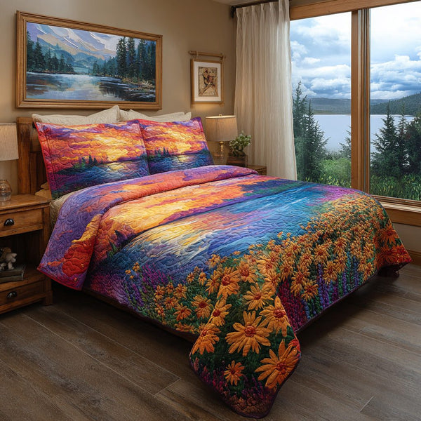 Sunset Daisy Field quilted 3-piece bedding set on a made bed with two matching pillow shams