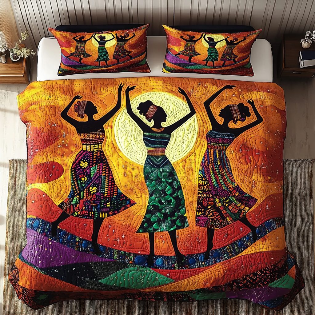 Sunset Dancer quilted 3-piece bedding set on a made bed with two matching pillow shams
