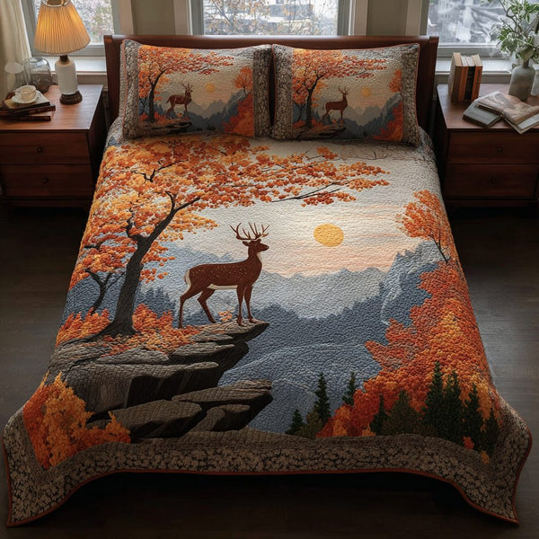 Sunset Deer quilted 3-piece bedding set on a made bed with two matching pillow shams