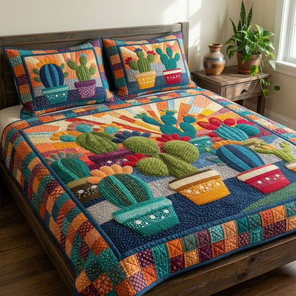 Sunset Desert Cactus quilted 3-piece bedding set on a made bed with two matching pillow shams