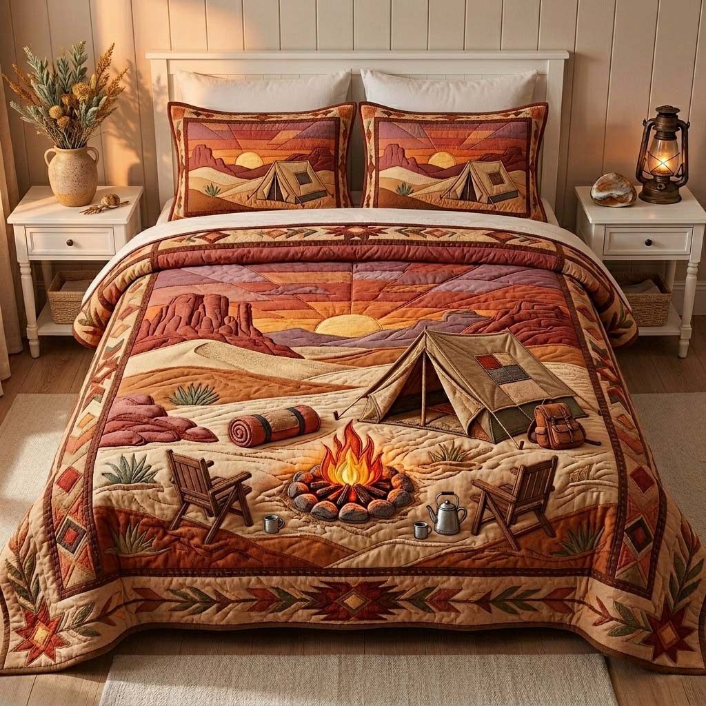 Sunset Desert Camp quilted 3-piece bedding set on a made bed with two matching pillow shams