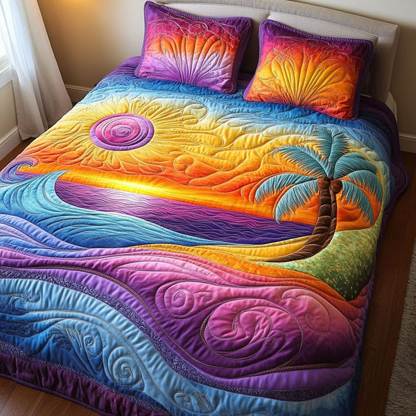 Sunset Dream quilted 3-piece bedding set on a made bed with two matching pillow shams