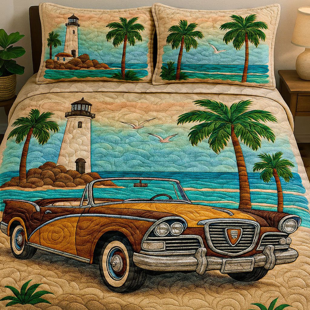 Sunset Drive quilted 3-piece bedding set on a made bed with two matching pillow shams