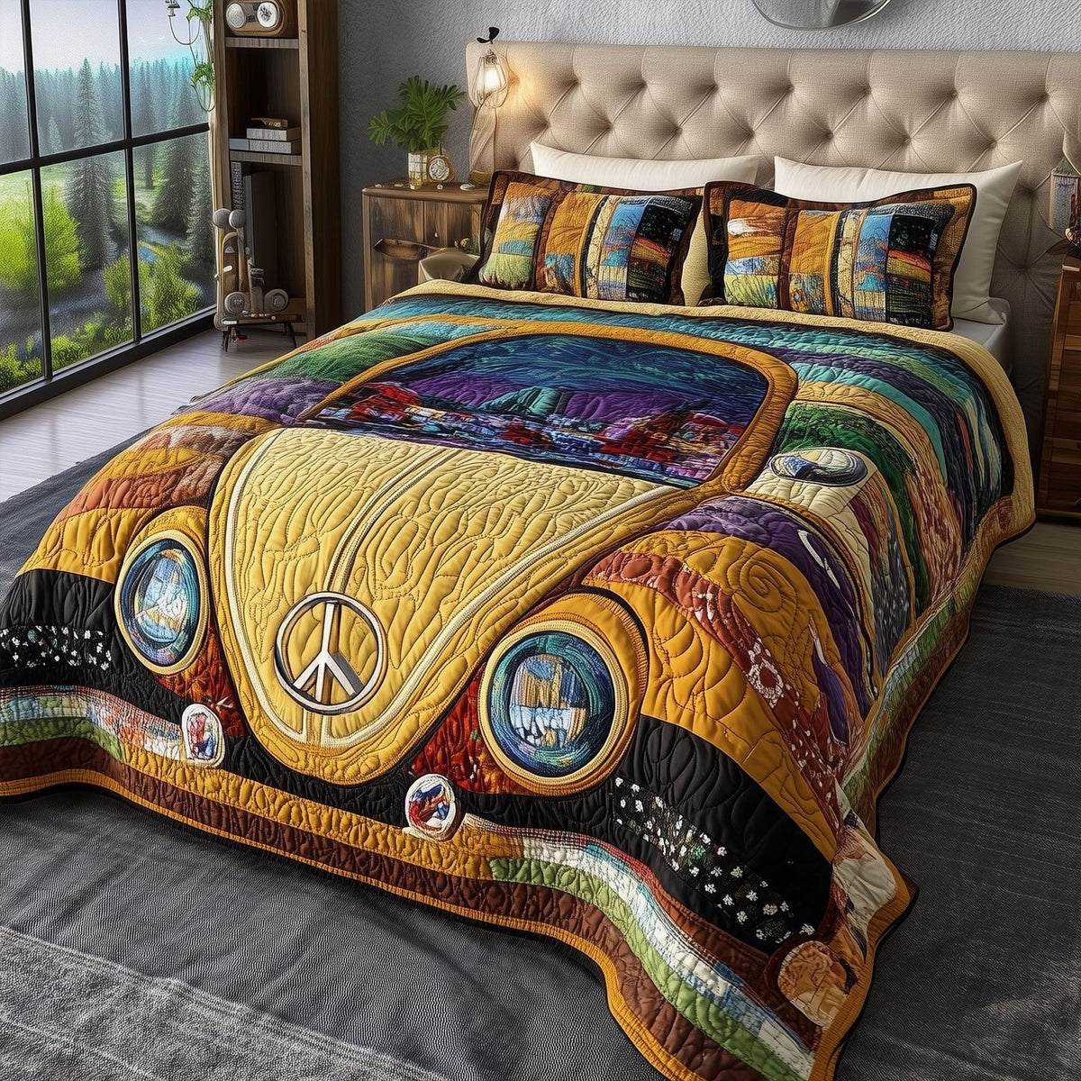 Sunset Drive quilted 3-piece bedding set on a made bed with two matching pillow shams