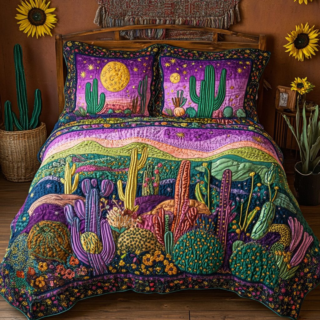 Sunset Dunes quilted 3-piece bedding set on a made bed with two matching pillow shams