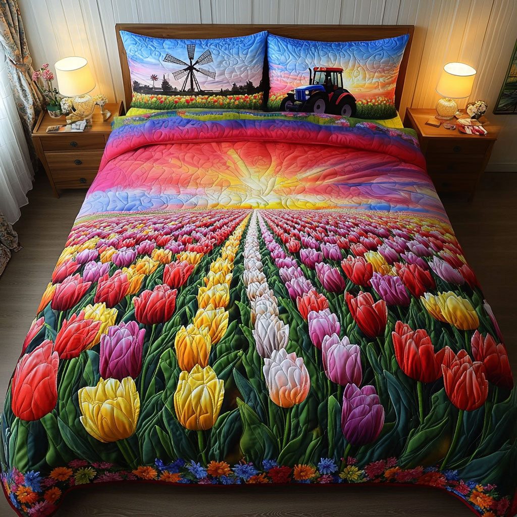 Sunset Farm Drive quilted 3-piece bedding set on a made bed with two matching pillow shams