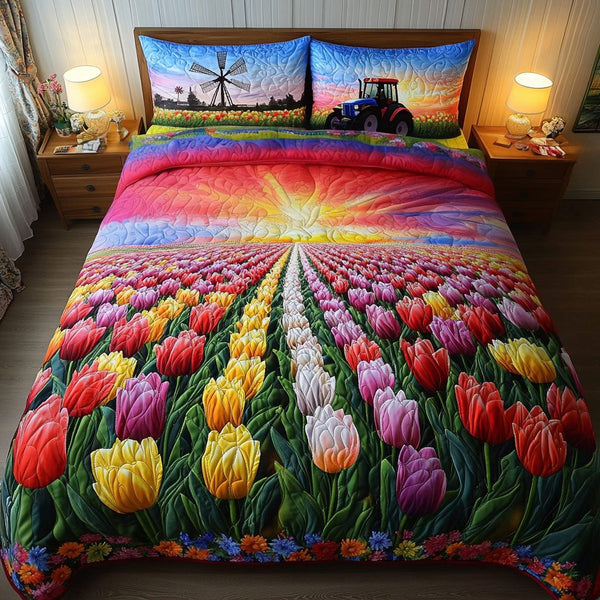 Sunset Farm Drive quilted 3-piece bedding set on a made bed with two matching pillow shams