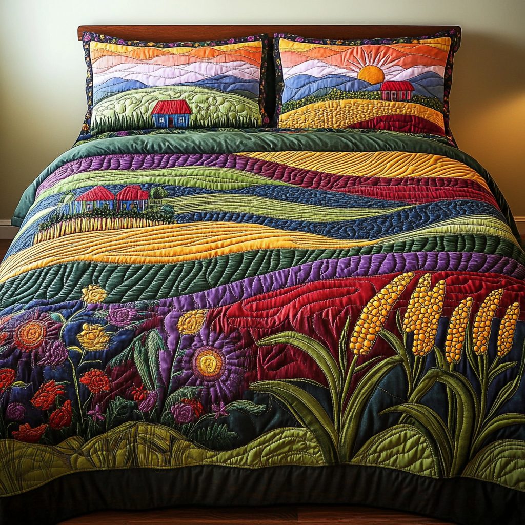 Sunset Fields quilted 3-piece bedding set on a made bed with two matching pillow shams