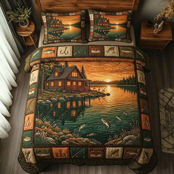 Sunset Fishing Cabin quilted 3-piece bedding set on a made bed with two matching pillow shams