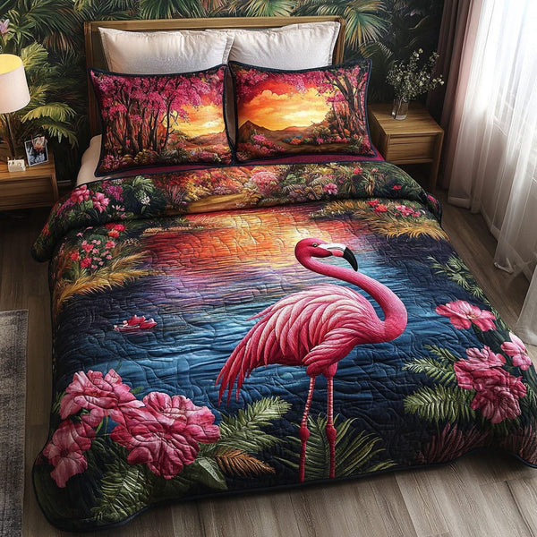 Sunset Flamingo Scene quilted 3-piece bedding set on a made bed with two matching pillow shams