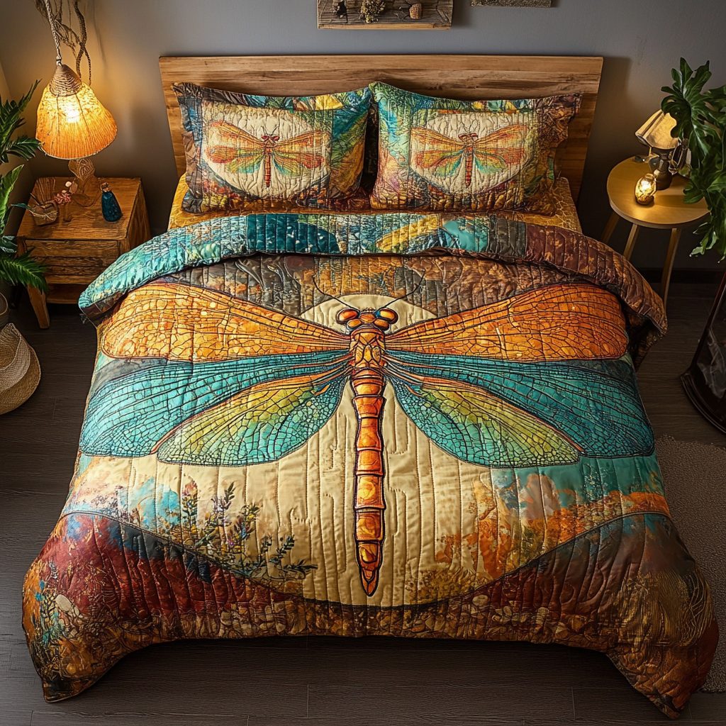 Sunset Flight Harmony quilted 3-piece bedding set on a made bed with two matching pillow shams