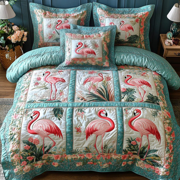 Sunset Flock quilted 3-piece bedding set on a made bed with two matching pillow shams