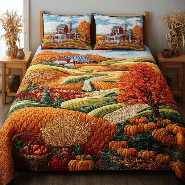 Sunset Floral Glory quilted 3-piece bedding set on a made bed with two matching pillow shams