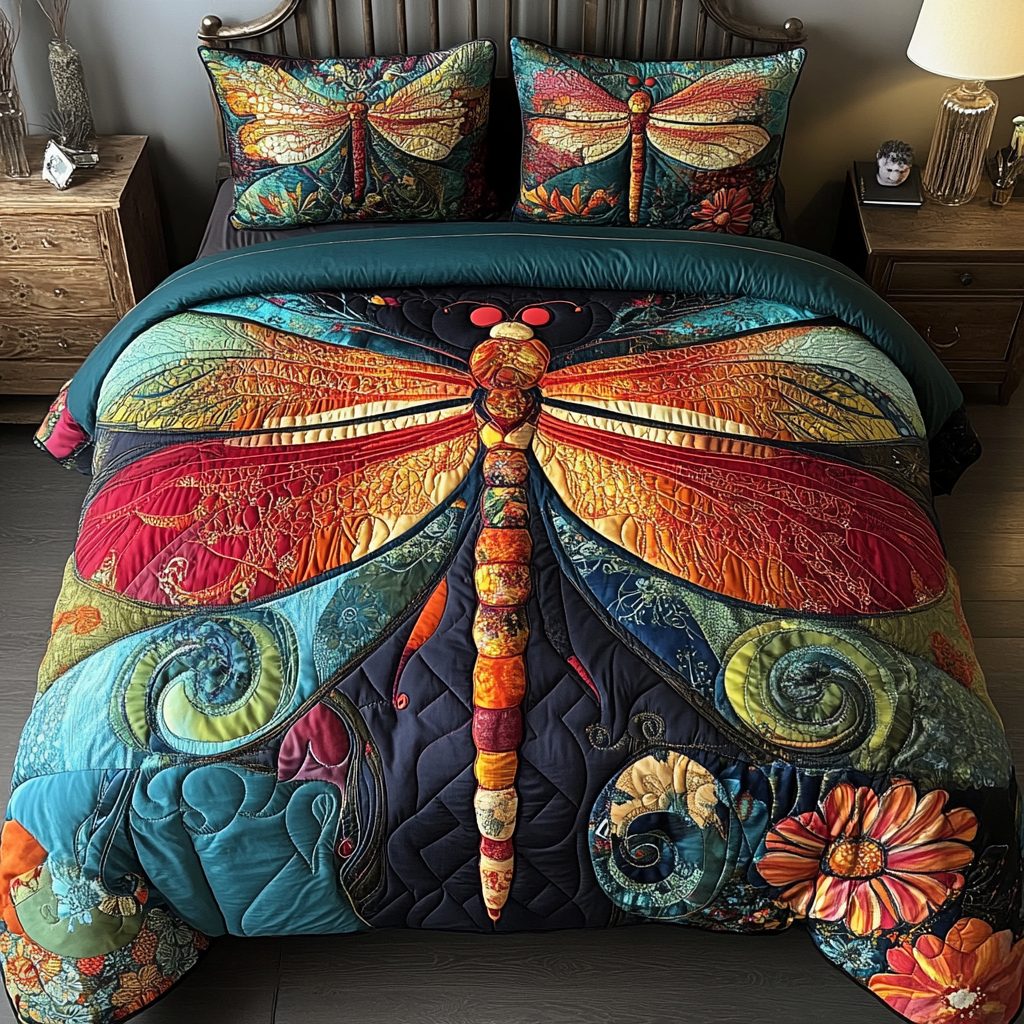 Sunset Flutter quilted 3-piece bedding set on a made bed with two matching pillow shams