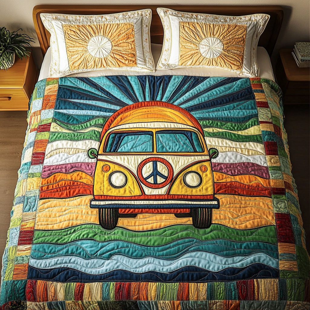 Sunset Freedom quilted 3-piece bedding set on a made bed in a warmly lit bedroom