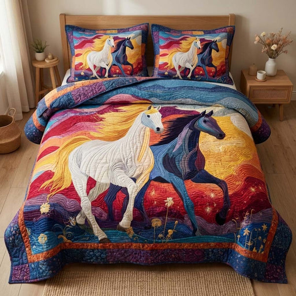 Sunset Gallop quilted 3-piece bedding set on a made bed with two matching pillow shams