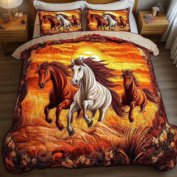 Sunset Gallop quilted 3-piece bedding set on a made bed with two matching pillow shams