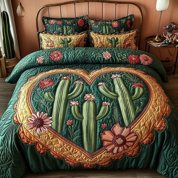 Sunset Garden quilted 3-piece bedding set on a made bed with two matching pillow shams