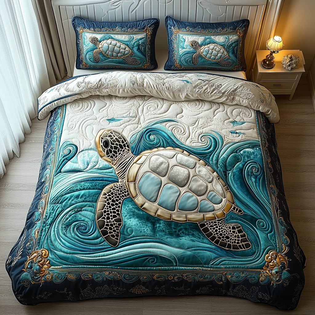 Sunset Glide quilted 3-piece bedding set on a made bed with two matching pillow shams