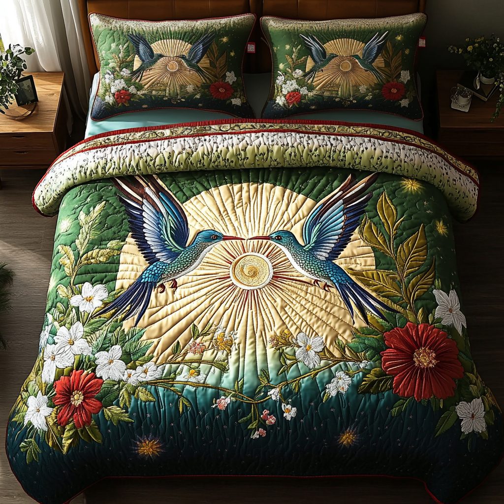 Sunset Glide quilted 3-piece bedding set on a made bed with two matching pillow shams