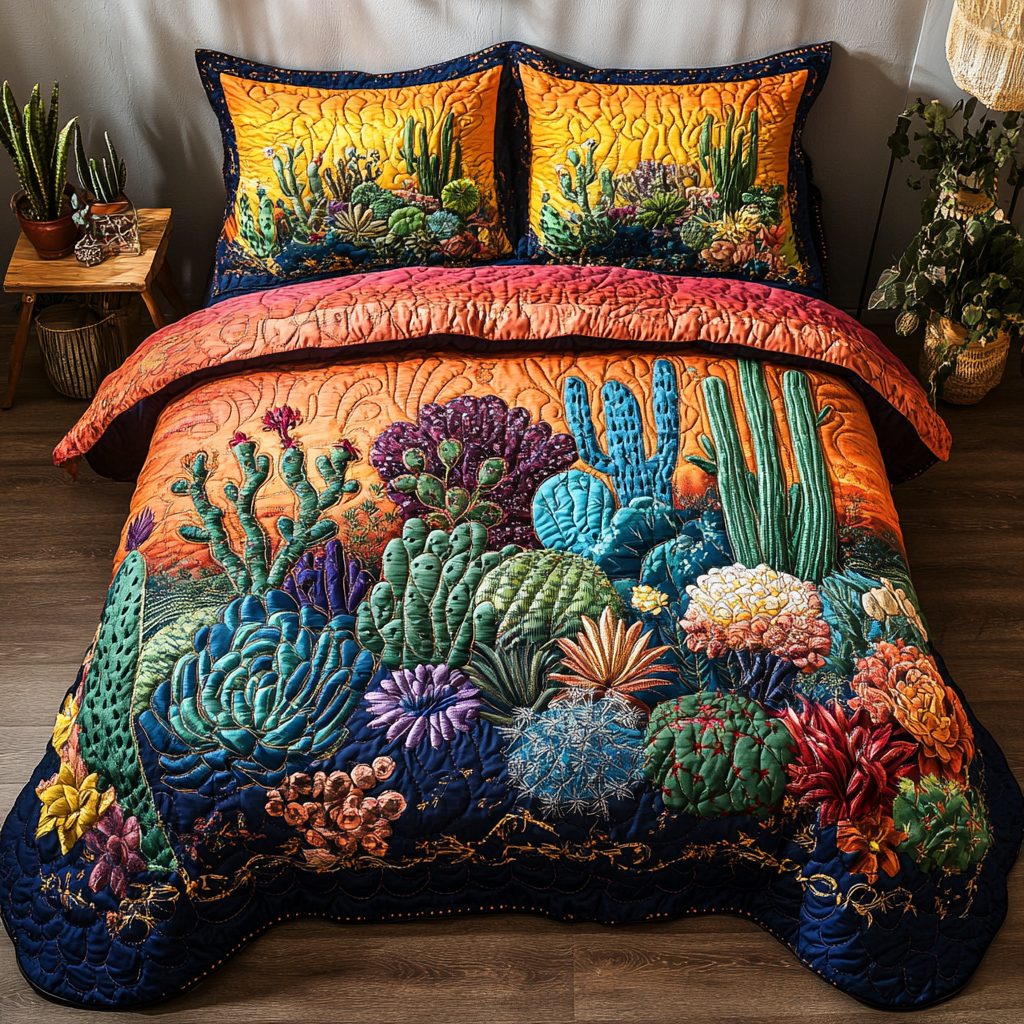 Sunset Glow quilted 3-piece bedding set on a made bed with two matching pillow shams