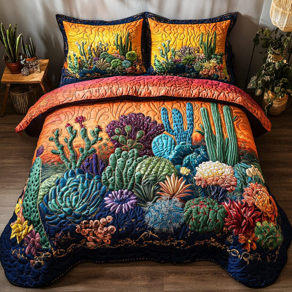 Sunset Glow quilted 3-piece bedding set on a made bed with two matching pillow shams