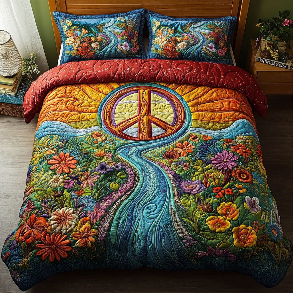 Sunset Harmony quilted 3-piece bedding set on a made bed with two matching pillow shams