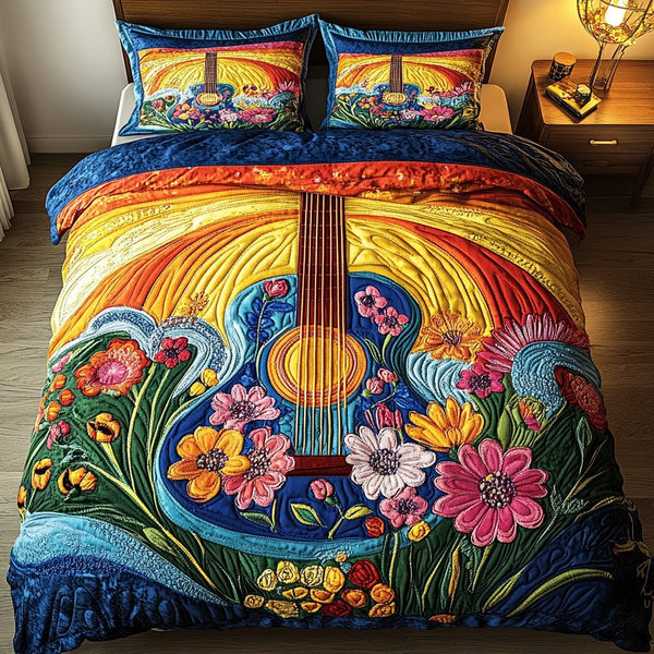 Sunset Harmony quilted 3-piece bedding set on a made bed with two matching pillow shams