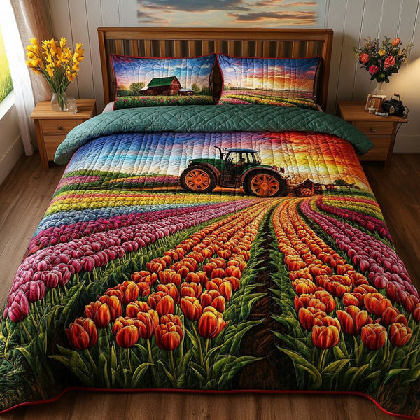 Sunset Harvest Rows quilted 3-piece bedding set on a made bed with two matching pillow shams