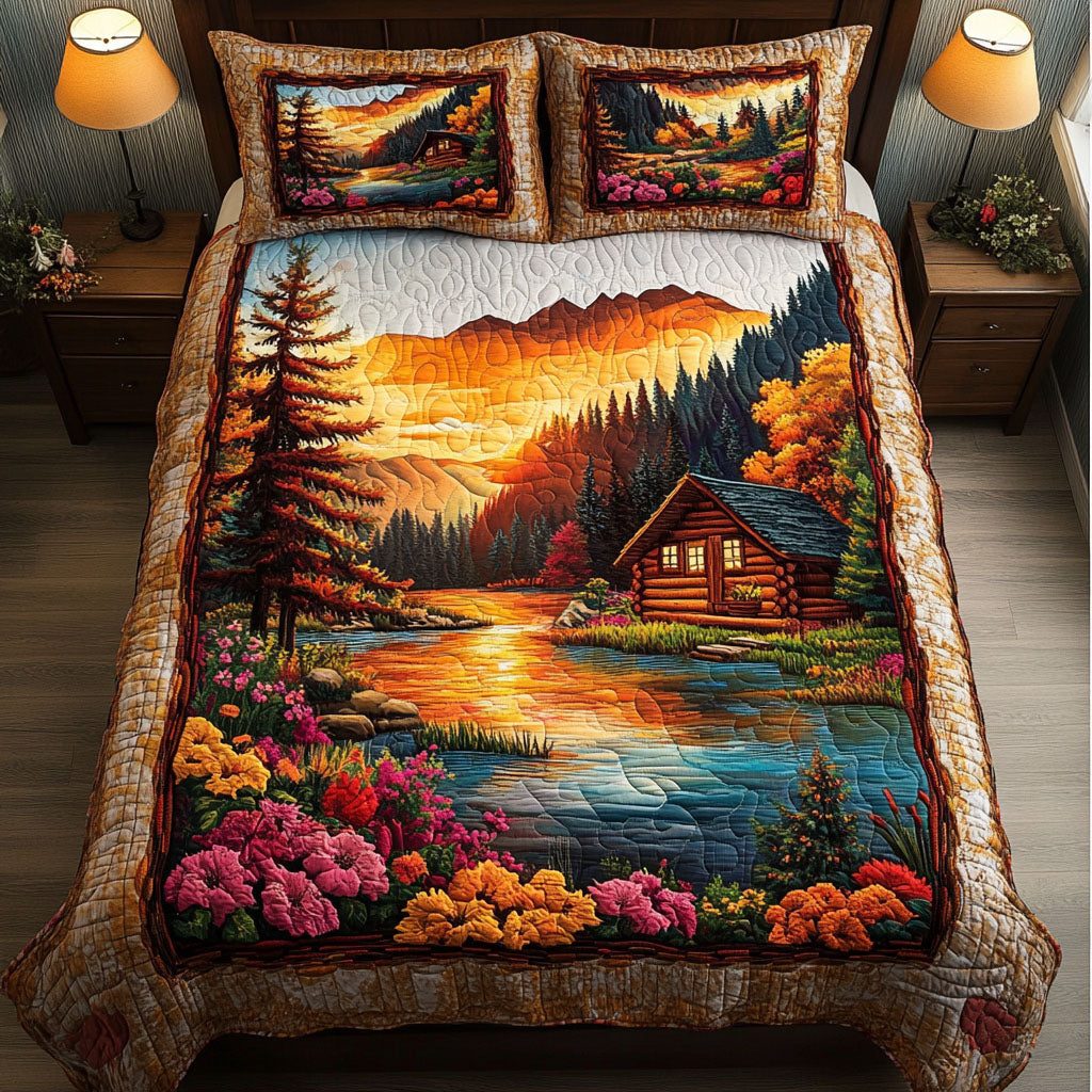 Sunset Haven quilted 3-piece bedding set on a made bed with two matching pillow shams