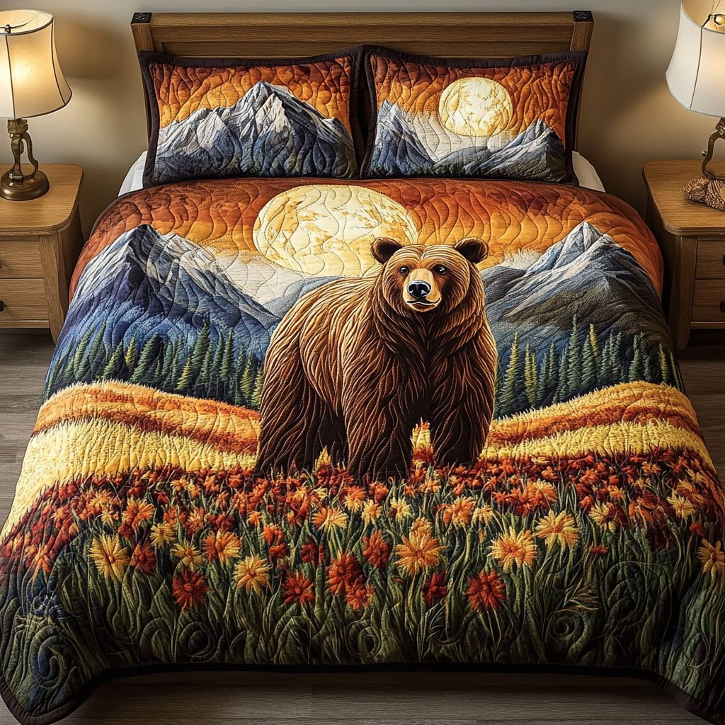 Sunset Haven quilted 3-piece bedding set on a made bed with two matching pillow shams