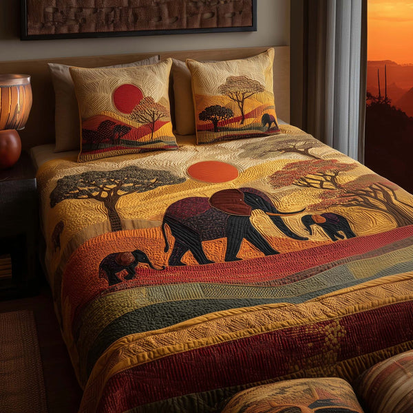 Sunset Herd quilted 3-piece bedding set on a made bed with two matching pillow shams