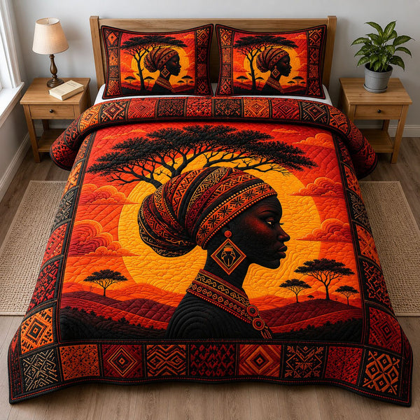 Sunset Heritage African Woman quilted 3-piece bedding set on a made bed in a farmhouse bedroom